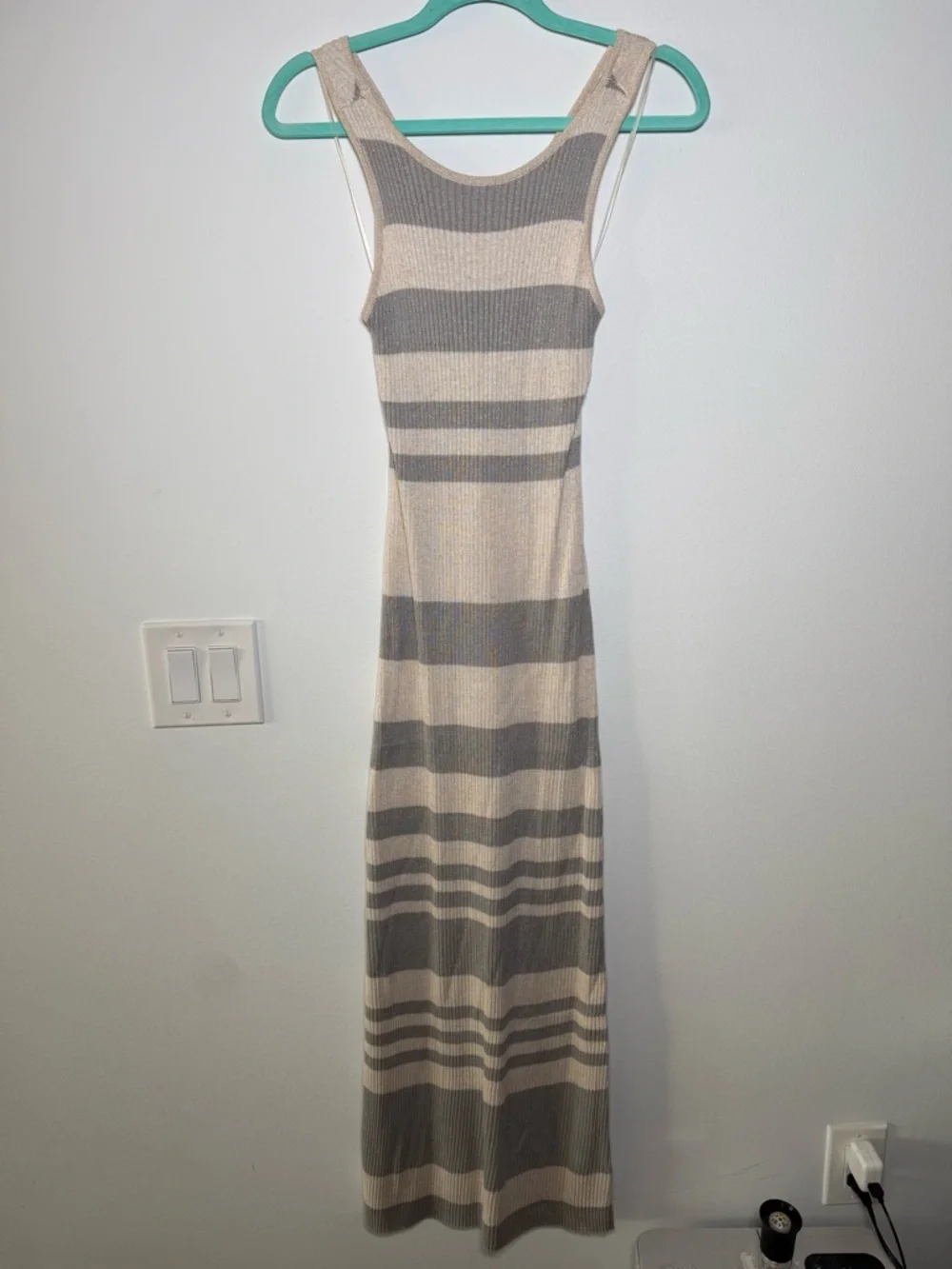 Vici Sleeveless Striped Ribbed Maxi Dress in Beige & Gray